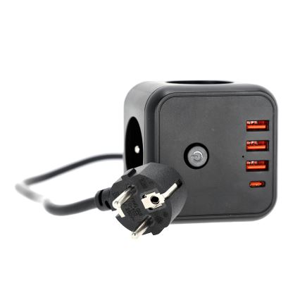 Pikendusjuhe kuubik lülitiga LINEA 3x230V + 4xUSB A/C must
