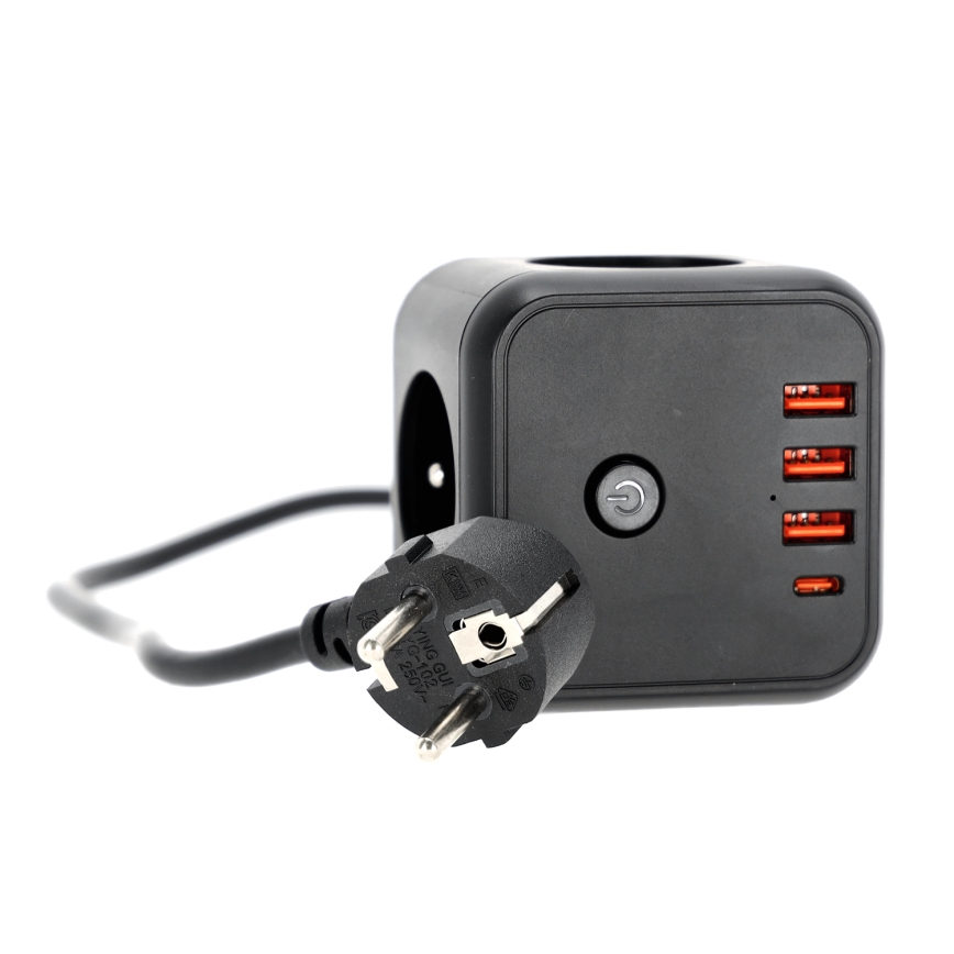 Pikendusjuhe kuubik lülitiga LINEA 3x230V + 4xUSB A/C must
