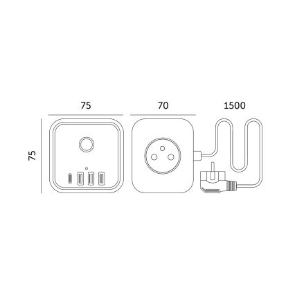 Pikendusjuhe kuubik lülitiga LINEA 3x230V + 4xUSB A/C must