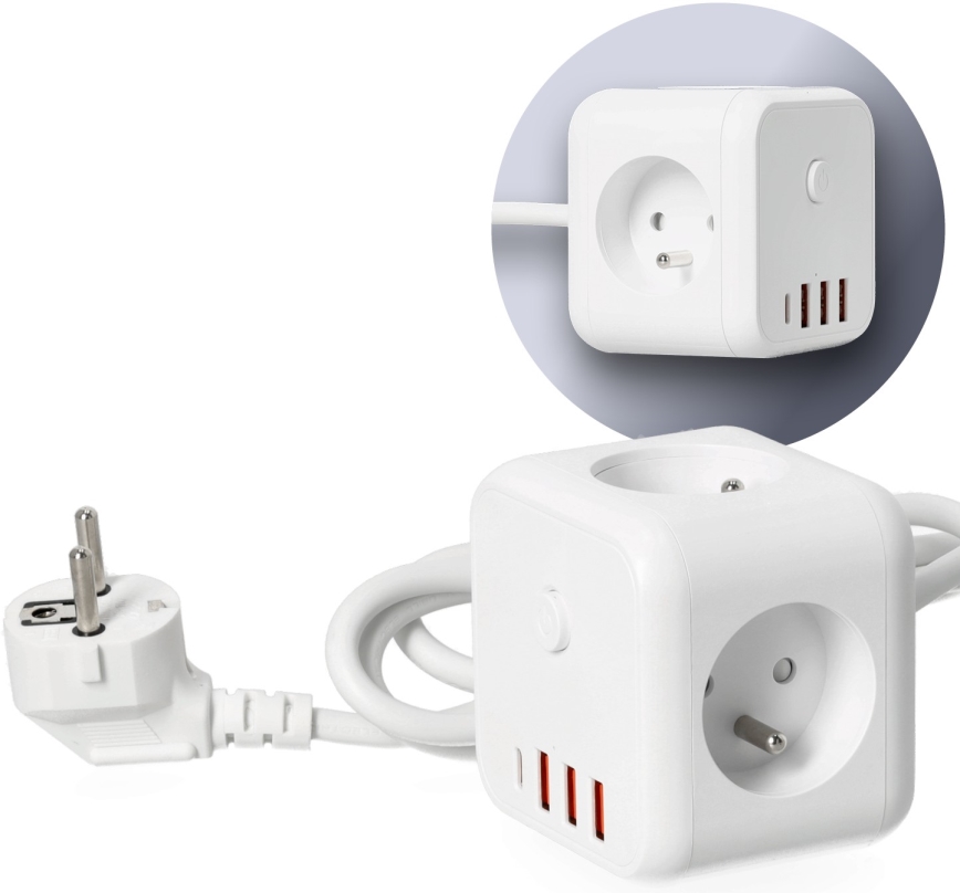 Pikendusjuhe kuubik lülitiga LINEA 3x230V + 4xUSB A/C valge