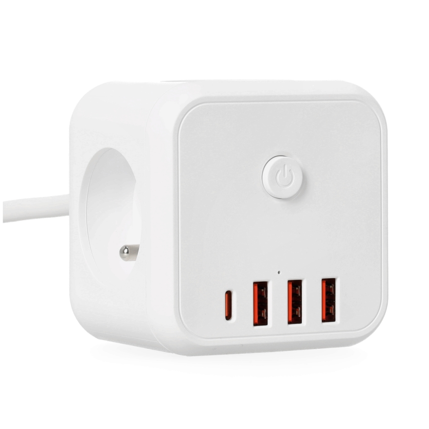 Pikendusjuhe kuubik lülitiga LINEA 3x230V + 4xUSB A/C valge