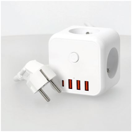 Pikendusjuhe kuubik lülitiga LINEA 3x230V + 4xUSB A/C valge