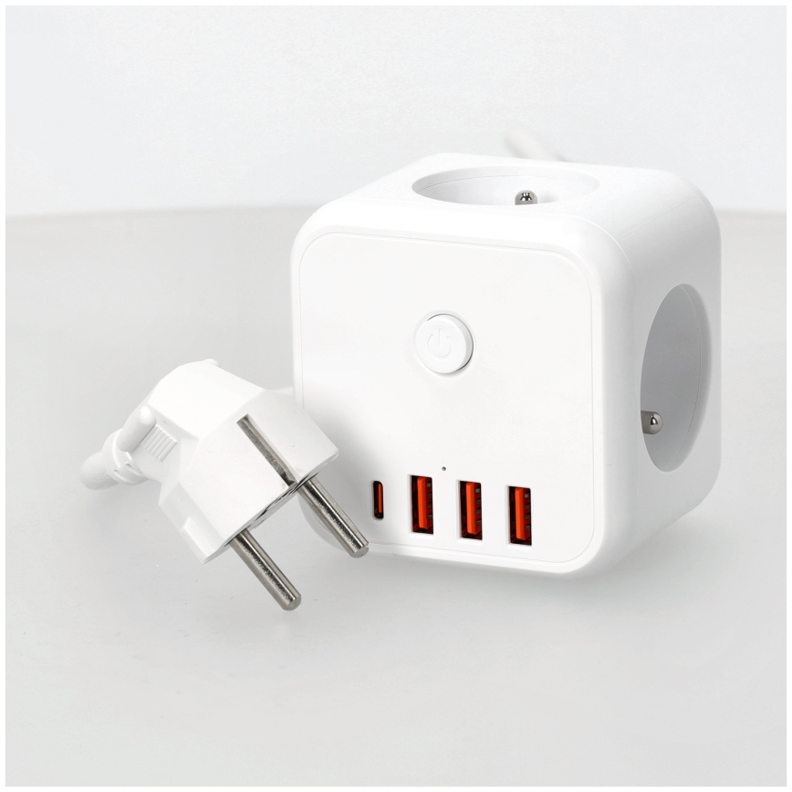 Pikendusjuhe kuubik lülitiga LINEA 3x230V + 4xUSB A/C valge