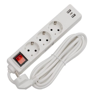 Pikendusjuhe lülitiga 3 pistikupesa+2xUSB-A+1xUSB-C 3m SCHUKO valge