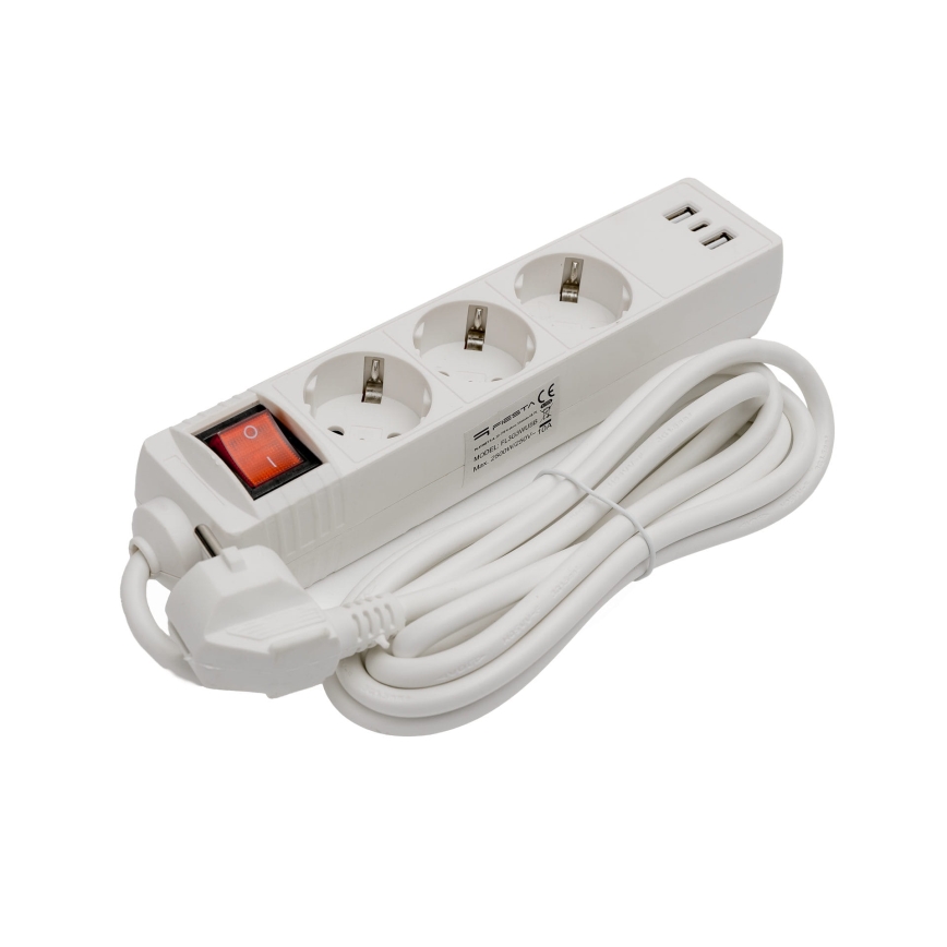 Pikendusjuhe lülitiga 3 pistikupesa+2xUSB-A+1xUSB-C 3m SCHUKO valge