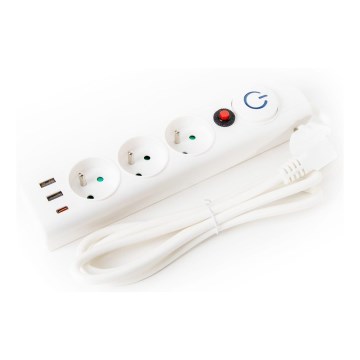 Pikendusjuhe lülitiga 3Z Tüüp E + 2xUSB-A + 1xUSB-C 1,5m
