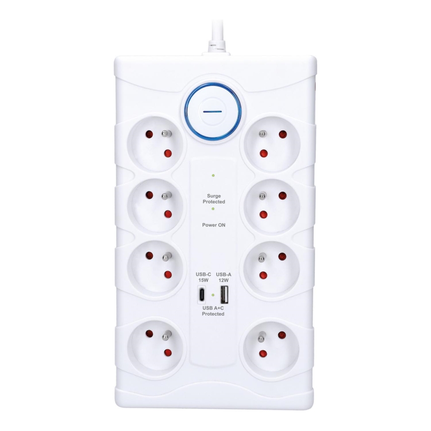 Pikendusjuhe lülitiga 8Z, E-tüüpi + 1× USB-A + 1× USB-C, 2 m, valge