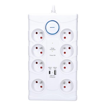 Pikendusjuhe lülitiga ja ülepinge kaitsega 8Z E-tüüp + 1xUSB-A + 1xUSB-C 2m valge