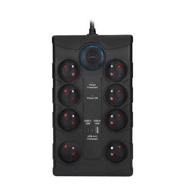 Pikendusjuhe lülitiga ja ülepingekaitsega, 8-pesaga, tüüp E, 1x USB-A + 1x USB-C, 2 m, must