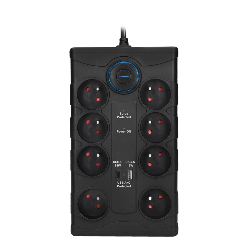 Pikendusjuhe lülitiga ja ülepingekaitsega, 8-pesaga, tüüp E, 1x USB-A + 1x USB-C, 2 m, must