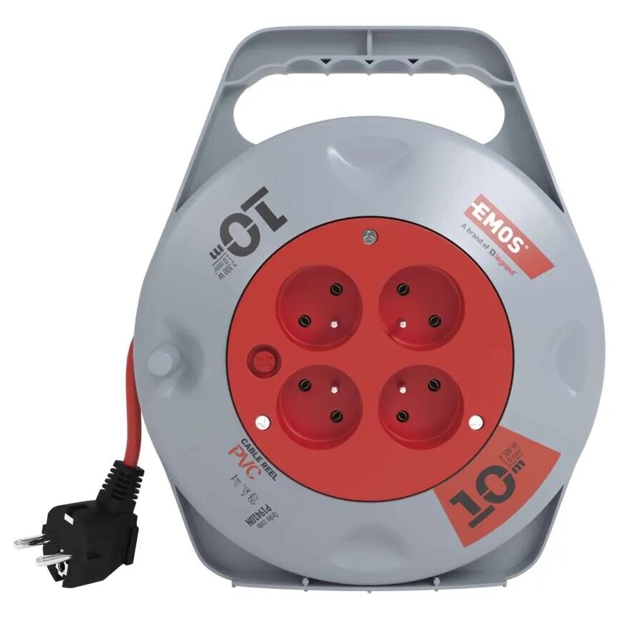 Pikendusjuhe rullil 10 m, 4 pistikupesaga, hall/punane