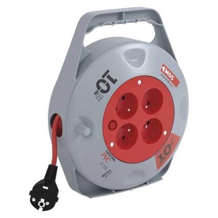 Pikendusjuhe rullil 10 m, 4 pistikupesaga, hall/punane