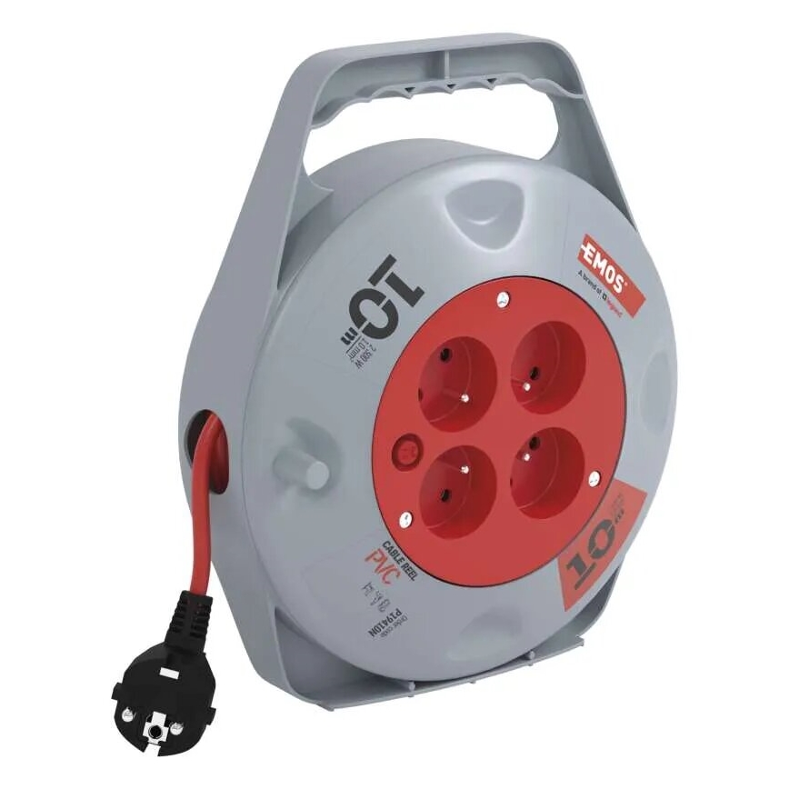 Pikendusjuhe rullil 10 m, 4 pistikupesaga, hall/punane