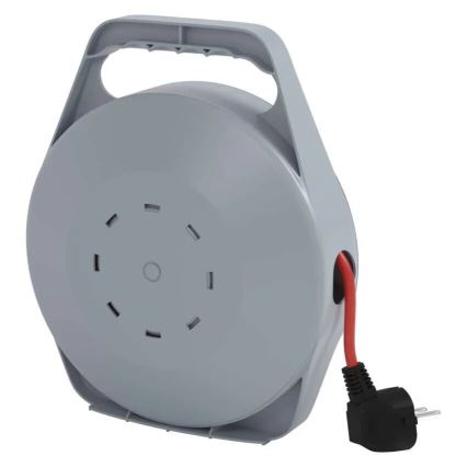 Pikendusjuhe rullil 10 m, 4 pistikupesaga, hall/punane