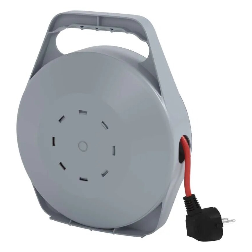 Pikendusjuhe rullil 10 m, 4 pistikupesaga, hall/punane