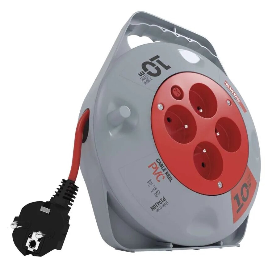 Pikendusjuhe rullil 10 m, 4 pistikupesaga, hall/punane