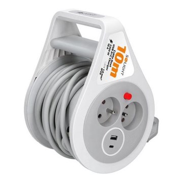 Pikendusjuhe rullil 2 pistikupesa + USB A+C 10 m