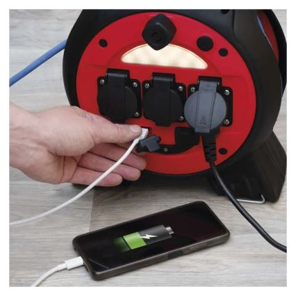 Pikendusjuhe rullil 3P 20m punane/must IP44