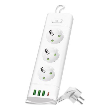 Pikenduskaabel lülitiga LINEA PRO 3x230V+ 3xUSB-A + 1xUSB-C SCHUKO 1,5 m valge