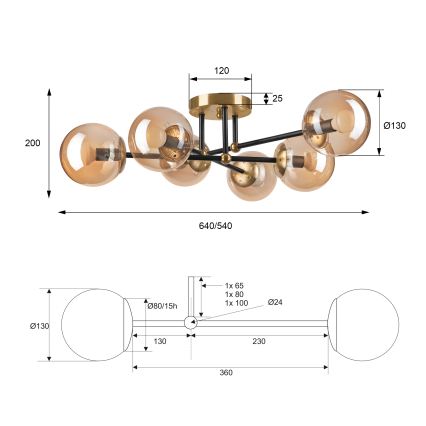 Pinnale kinnitatav lühter MALENA 6xE14/5W/230V kuldne/must/suitsune beež