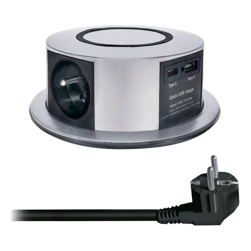 Pistiktorn töötasapinnale Qi juhtmevaba laadimisega 3x230V + 1xUSB-A + 1xUSB-C hõbedane/must
