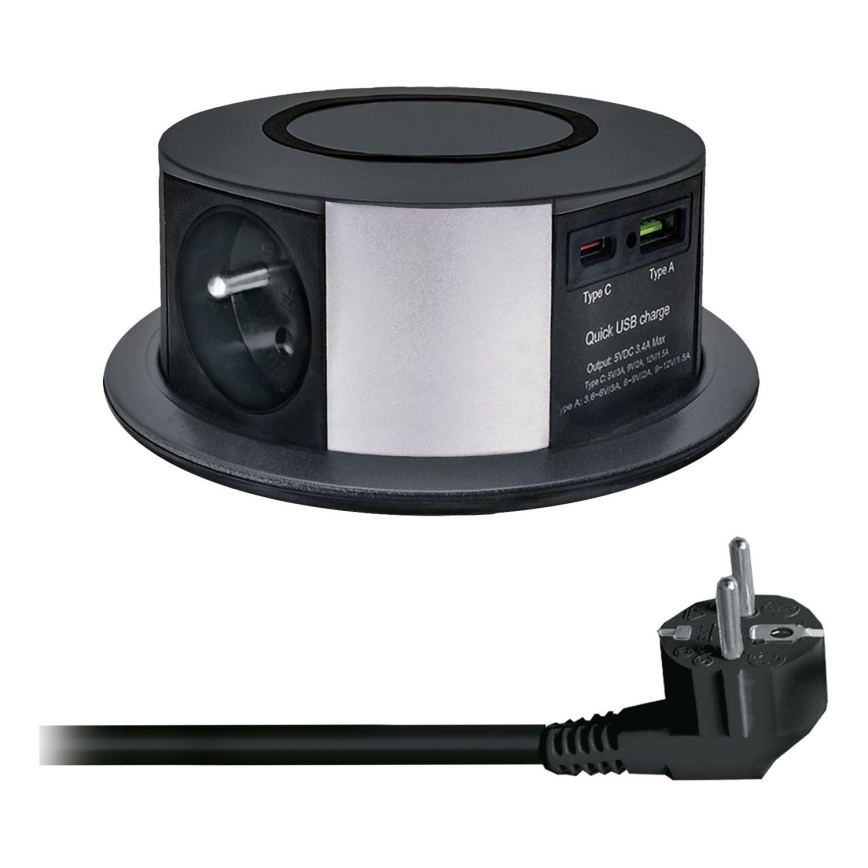 Pistiktorn töötasapinnale Qi juhtmevaba laadimisega 3x230V + 1xUSB-A + 1xUSB-C must/hõbedane