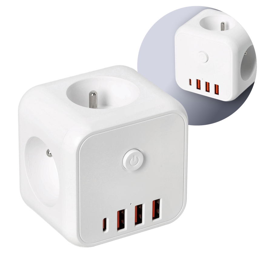 Pistiku jagaja koos lülitiga LINEA 3x230V + 4xUSB A/C valge
