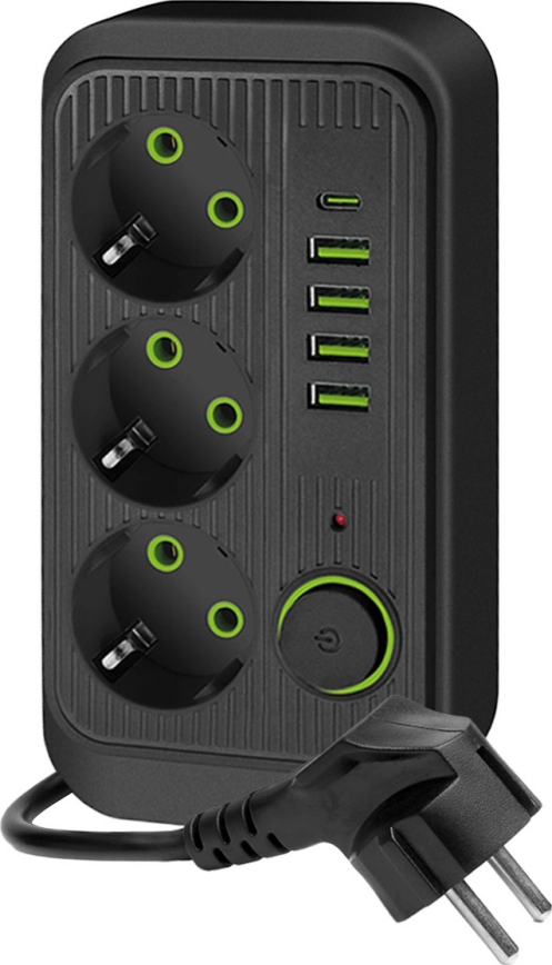 Pistiku jagaja koos lülitiga LINEA 3x230V + 5xUSB A/C 1,5 m SCHUKO must