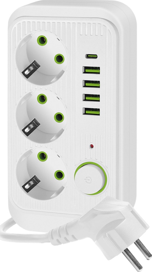 Pistiku jagaja koos lülitiga LINEA 3x230V + 5xUSB A/C SCHUKO 5 m valge