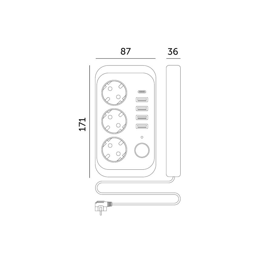 Pistiku jagaja koos lülitiga LINEA 3x230V + 5xUSB A/C SCHUKO 5 m valge