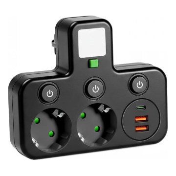 Pistikupesa jagaja lülitiga ja LED-valgustusega LINEA PRO 2Z + 3xUSB A/C SCHUKO 4000K must