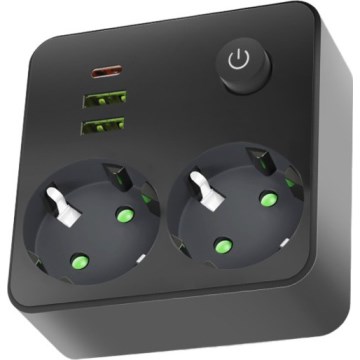 Pistikupesa-jaotur lülitiga LINEA 2x230V + 3xUSB A/C SCHUKO must