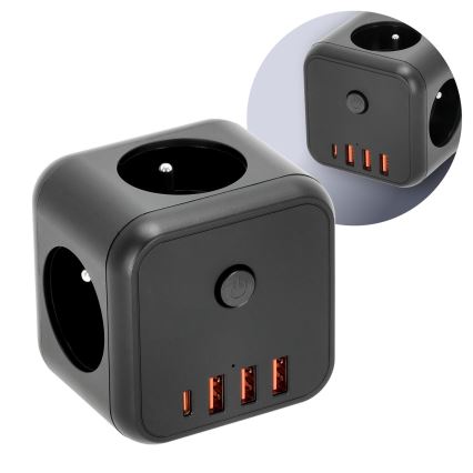 Pistikupesa jaotur lülitiga LINEA 3x230V + 4xUSB A/C must