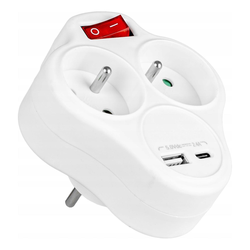 Pistikupesade jagaja lülitiga, 2 pistikupesa + USB-C + USB-A