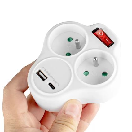 Pistikupesade jagaja lülitiga, 2 pistikupesa + USB-C + USB-A