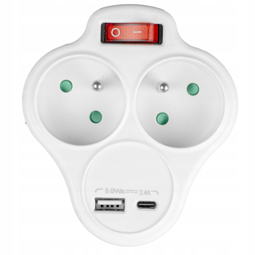 Pistikupesade jagaja lülitiga, 2 pistikupesa + USB-C + USB-A