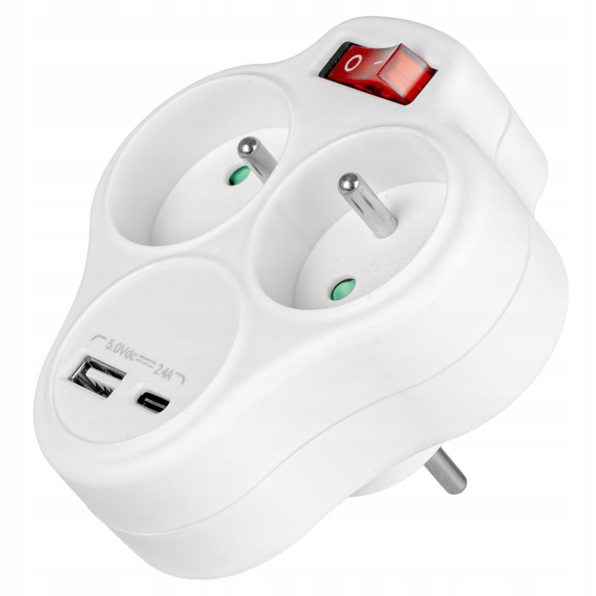 Pistikupesade jagaja lülitiga, 2 pistikupesa + USB-C + USB-A