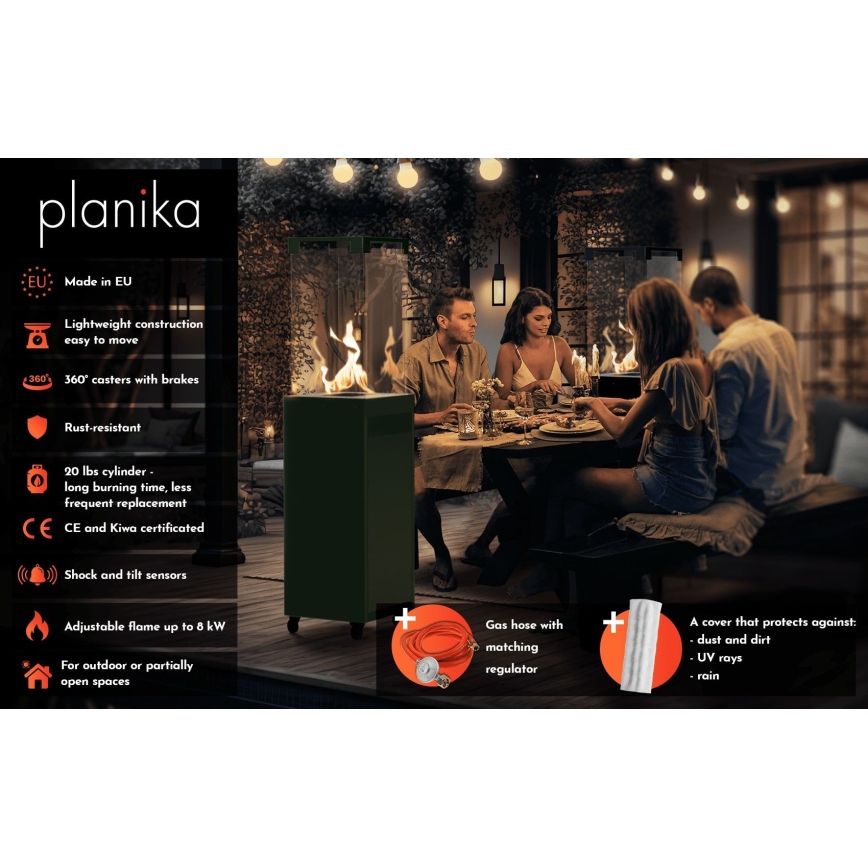Planika - Gaasikamin välitingimustesse 142x36 cm 8kW 1xAAA roheline + kaitsekate