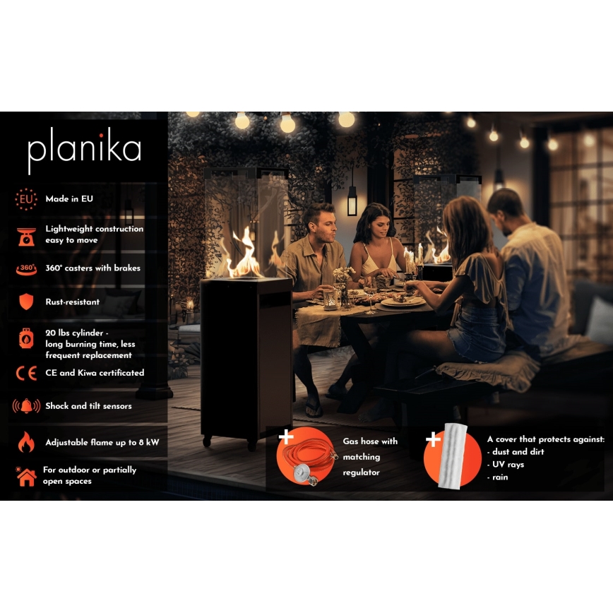 Planika - Välistingimustes gaasikamin 142x36 cm 8kW 1xAAA hall + kaitsekate