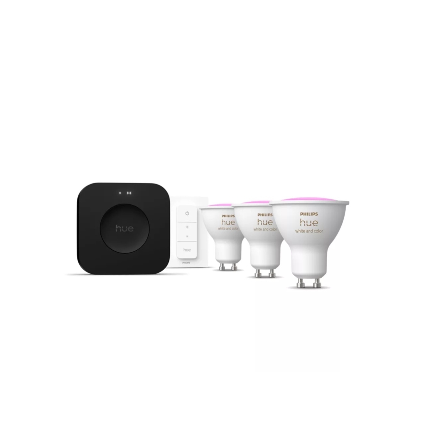 Algkomplekt Philips Hue WHITE AND COLOR AMBIANCE 3xGU10/4,2W 2000-6500K + Hue bridge ja dimmerlüliti