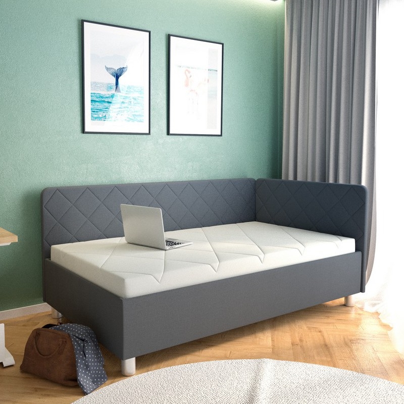 Polsterdatud diivanvoodi koos hoiuruumiga ja madratsiga EMILE 110x200 cm hall