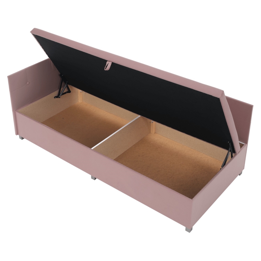 Polsterdatud üksikvoodi AMSTERDAM 90x200 cm universaalse peatsiga ja hoiuruumiga, roosa
