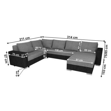 Polsterdatud universaalne lahtikäiv U-kujuline diivanikomplekt YORK must/antratsiit