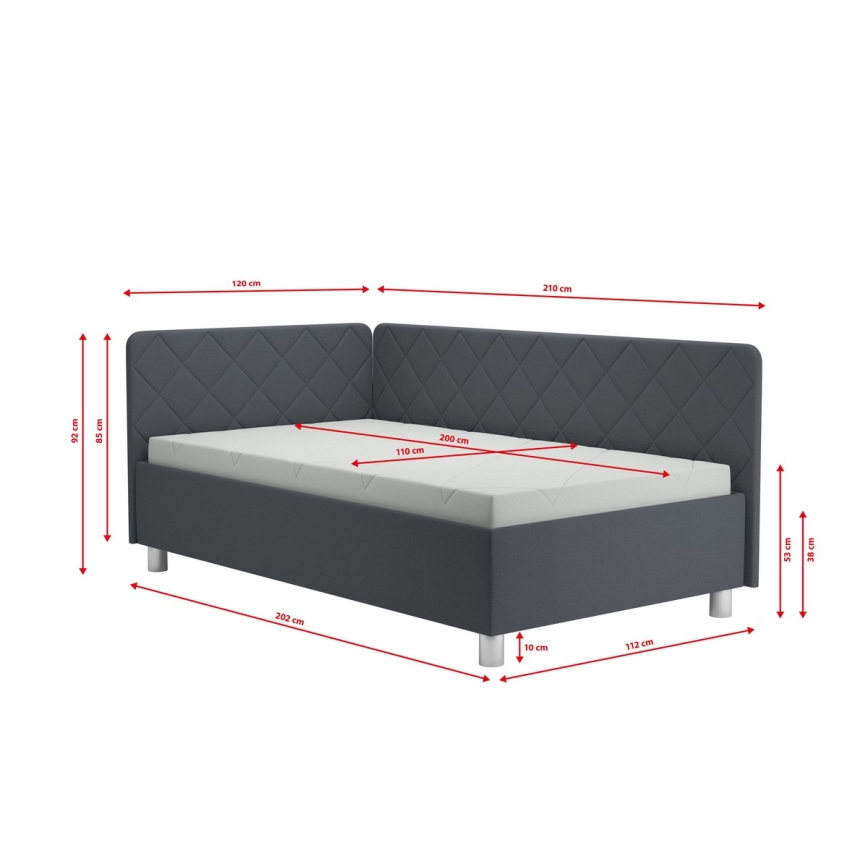 Polsterdatud voodi hoiuruumiga ja madratsiga EMILE 110x200 cm hall