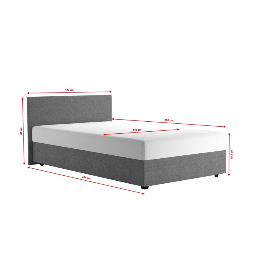Polsterdatud voodi hoiuruumi ja madratsiga DARIA 120x200 cm hall