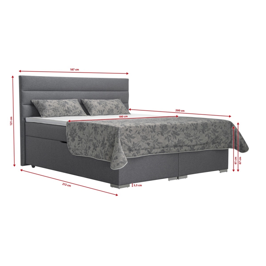 Polsterdatud voodi hoiuruumiga ja madratsitega koos pealismadratsiga NEW BOLERO 180x200 cm hall