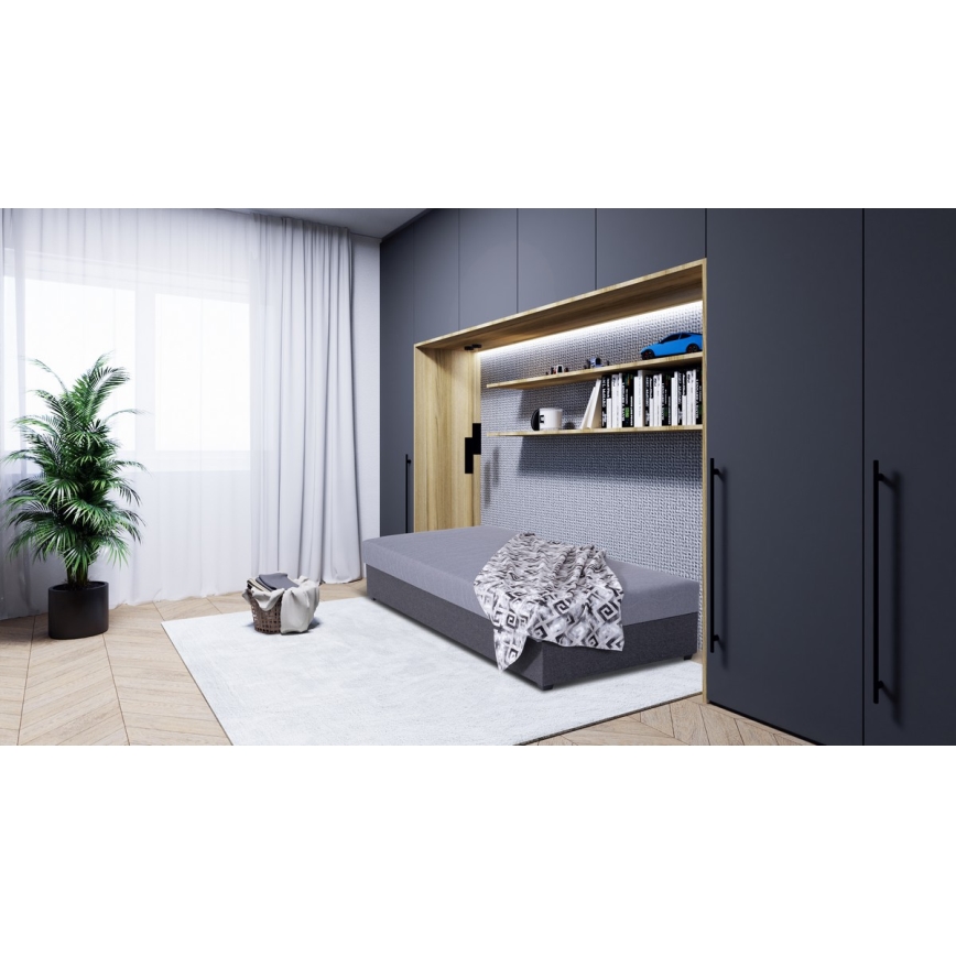 Polsterdatud voodi JACOB XL panipaigaga, kandevõime 130 kg, 90x200 cm, hall