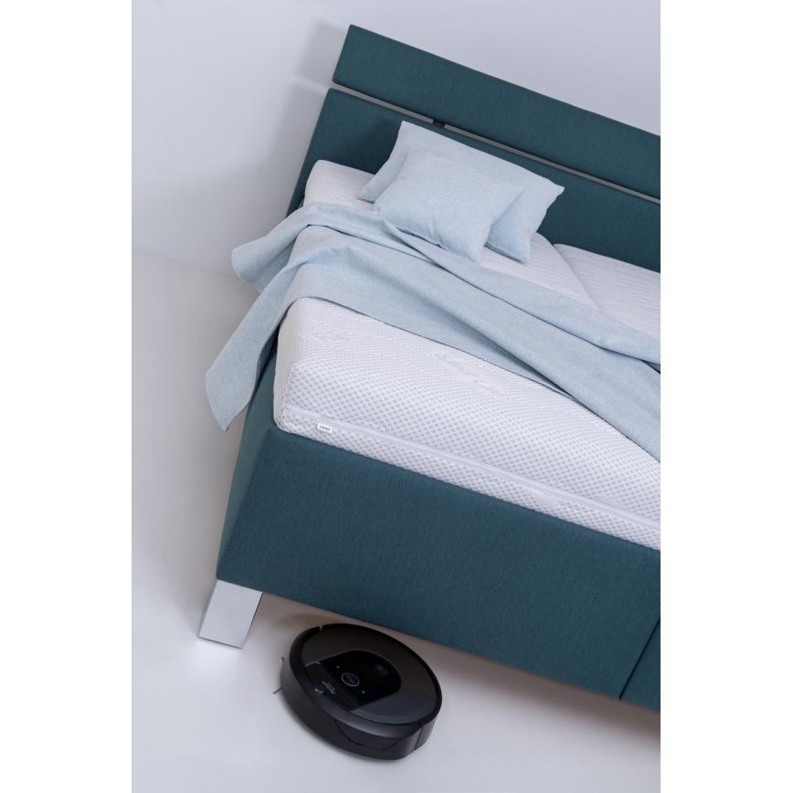 Polsterdatud voodi koos madratsiga ja panipaigaga ALIS 180x200 cm petroolivärvi