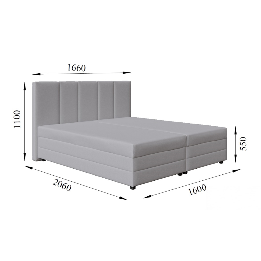 Polsterdatud voodi koos vedrumadratsi ja hoiuruumiga ISABEL 200x160 helehall