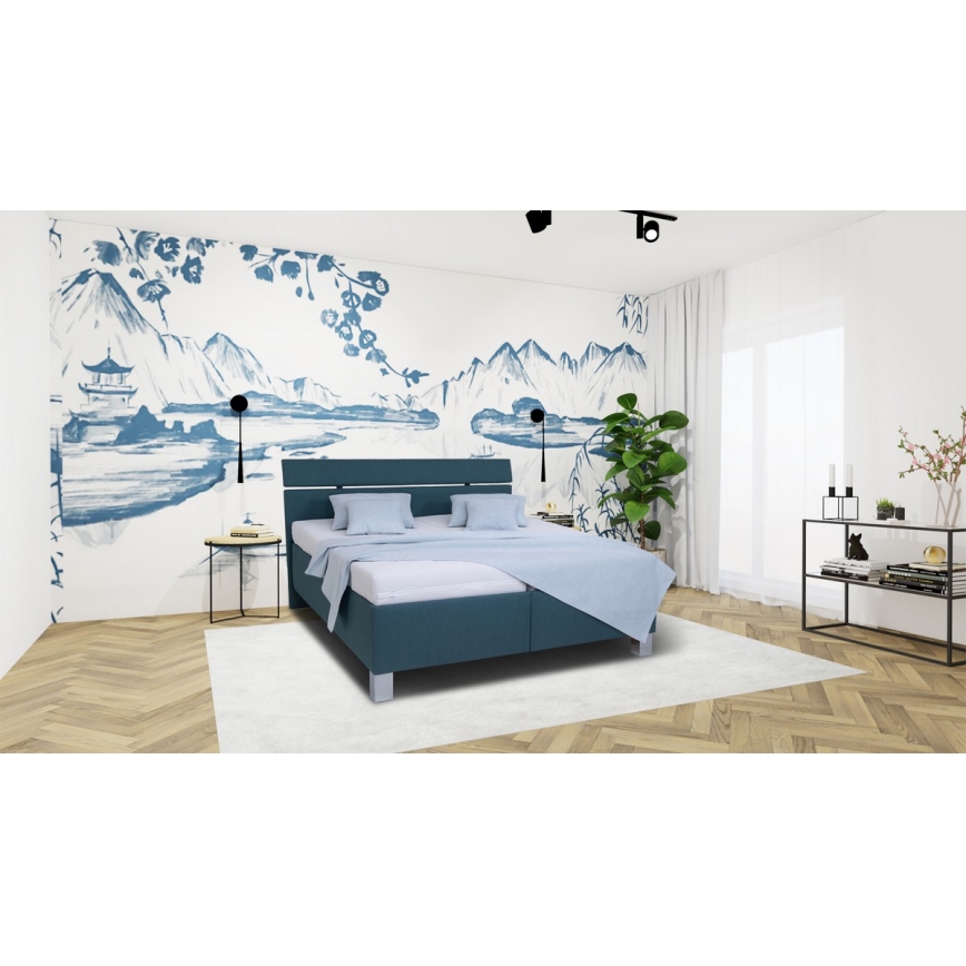 Polsterdatud voodi madratsiga ja hoiuruumiga ALIS 160x200 cm petroolisinine